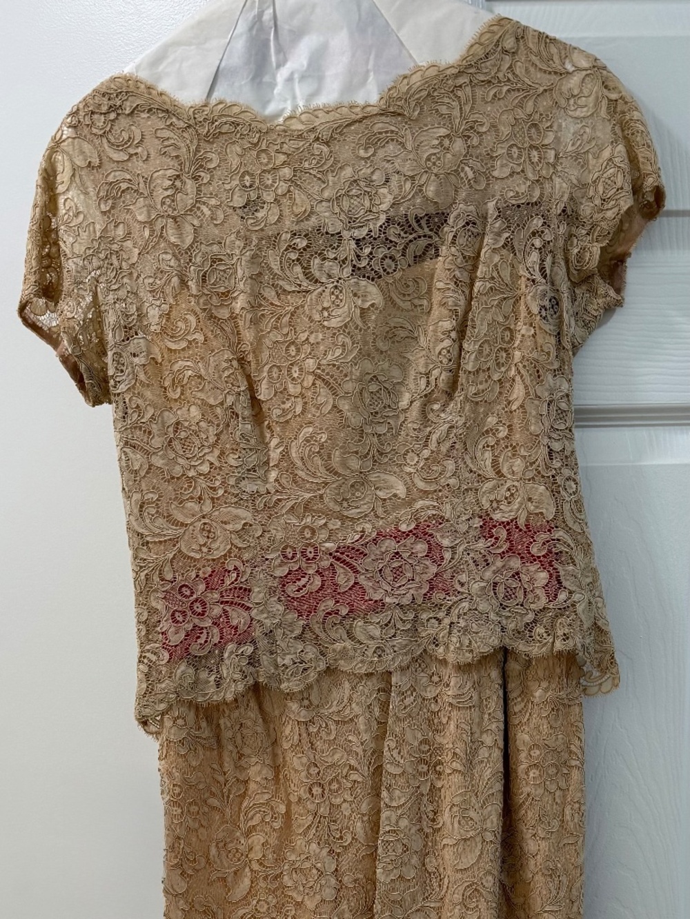 Vintage (mid 1900s) tan dress with lace overlay